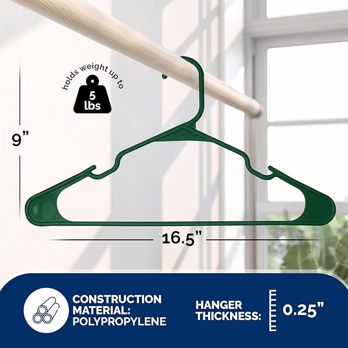 Plastic Hangers 50 Pack - Space Saving Clothes Hangers, Made in USA, Durable & Strong Plastic Shirt & Coat Hanger with Notches & Shoulder Grooves, Non-Slip Clothing Hangers | Carpet Green