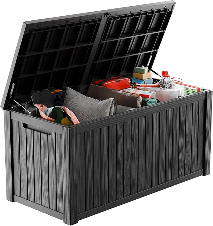 180 Gallon Outdoor Deck Box,Waterproof Resin Outdoor Storage Boxes, Outside Storage Lockable Container for Garden Tools,Indooor Cushions,Accessories (Black)