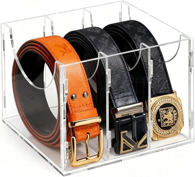 ECOSEAO DIY Belt Organizer, Clear Stackable Belt holder For Closet Drawer Storage - 3 Compartments, Multi-Purpose Display Bins With Inserts For Belts,Ties,Socks
