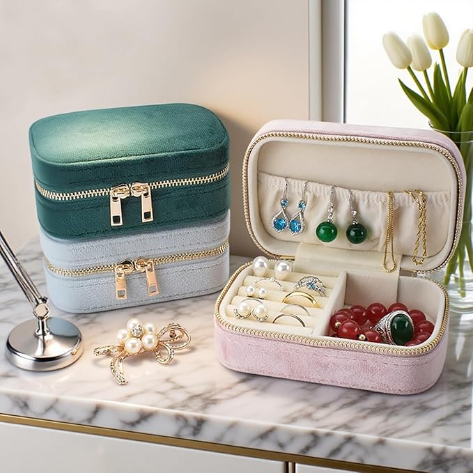 Small Travel Jewelry Case for Women - Plush Velvet Portable Organizer, Holds 20+ Bracelet/Necklace/Earrings/Rings, Giftable Storage Display Box Zipper, Mother/Bridesmaid/Girlfriend Gift (Blue)