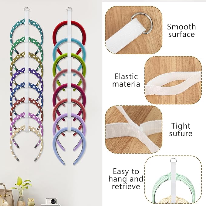 4 Pcs Headband Holder Organizer, White Hanging Wall Mounted Hairband Accessories, Hair Hoop Storage Display with 32 Total Rings for Women Girls, Bedroom Dorm Closet Decor