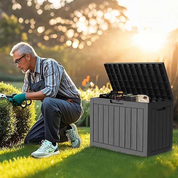Outdoor Storage Deck Box, 50 Gallon Outside Storage Box Waterproof Deck Box, Lockable Patio Storage Box UV-Resistant for Garden Furniture, Black