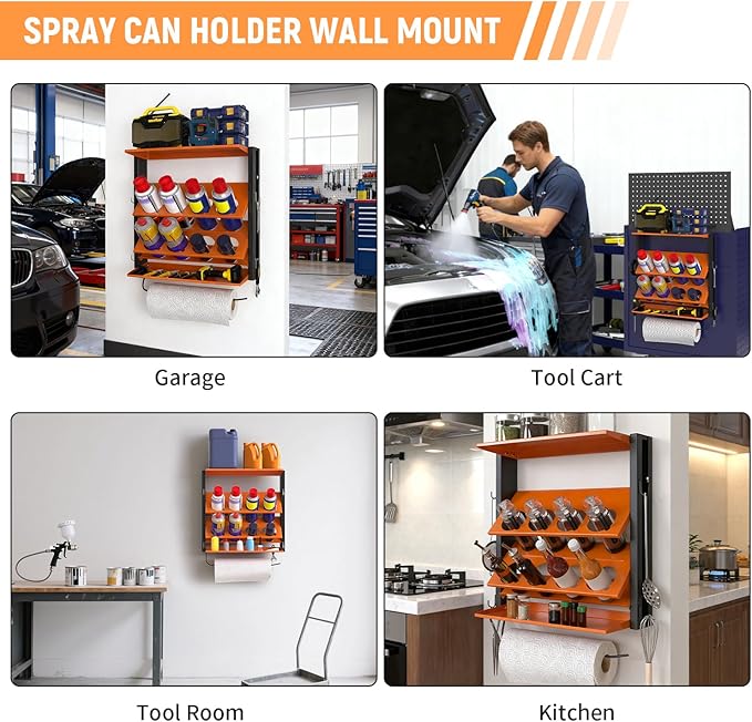 Spray Bottle Holder Wall-Mounted, Aerosol Spray Can Holder, Heavy Duty Paint Bottle Organizer with 8 Can Holes 80 LBS, Utility Storage Rack with Paper Towel Holder for Garage, Shop or Tool Trailer