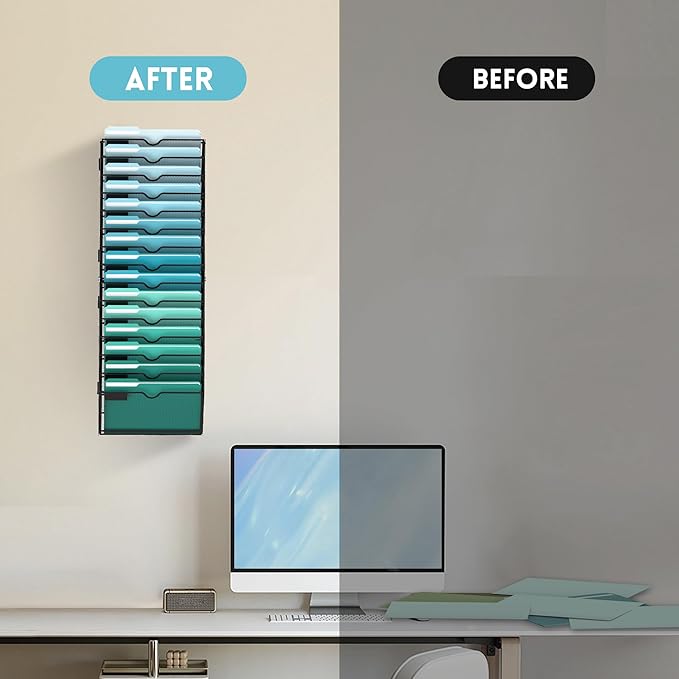 SUPEASY 15-Tier Wall File Organizer, Hanging Wall Files for Papers, Folders, Magazines, Wall Organizer for Clipboard, Assembly Needed, Black