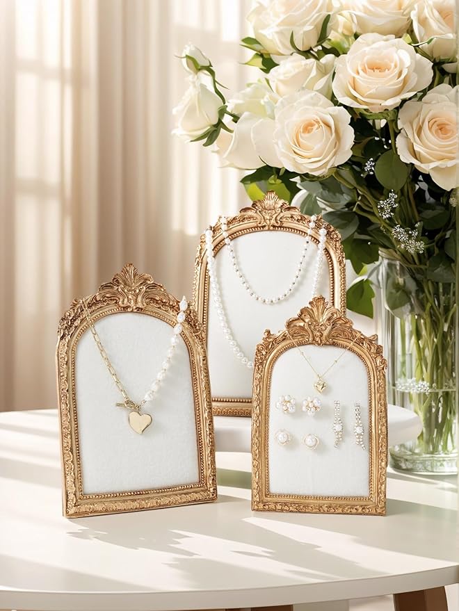 Vintage Frame Jewelry Stand, Gold Resin Photo Frame Earring Necklace Ring Organizer for Woman Engagement Wedding Collectibles (Large)