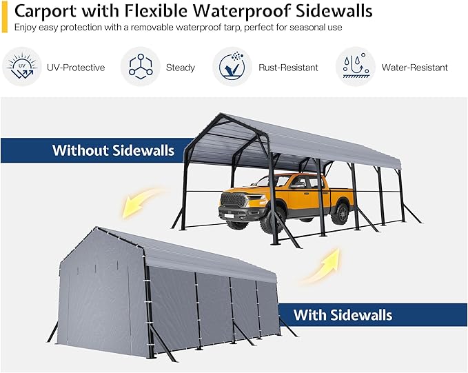 Jocisland 12x20x10.5 FT Heavy Duty Metal Carport, All-Weather Car Canopy with Waterproof Removable Sidewalls, Galvanized Steel Roof & Reinforced Base, Car Shelter for Cars, Boats, Trucks