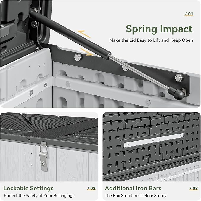 Aoxun 160 Gallon Resin Large Outdoor Storage Box, Horizontal Storage Sheds 21 Cu.ft, Waterproof Lockable Deck Box with Spring-Assisted Lid, Patio Storage for Garden, Pool, Cushions, Tools, White