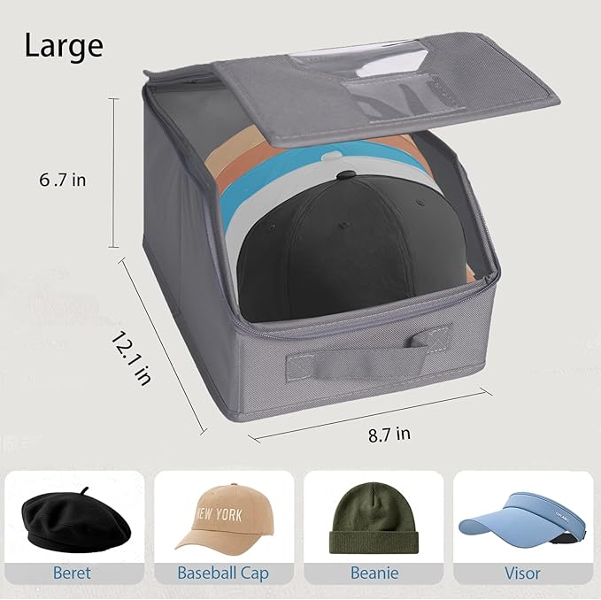 2 Pcs Stackable Baseball Cap Organizer, Washable Foldable Odorless Oxford Cloth with Smooth Durable Metal Zipper, Clear Window Holds 24 Caps, Hat Box for Closet/Home (Grey, Large 15.8×8.7×6.7 inches)