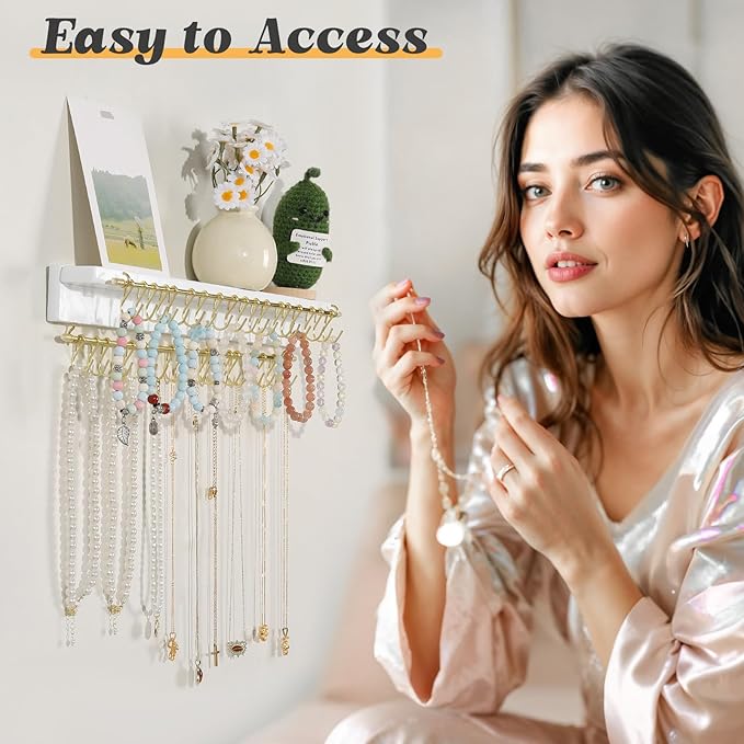 Necklace Holder Wall Mounted Necklace Organizer with 36 Hooks, Hanging Jewelry Organizer for Bracelets, Rings and Necklaces Display Storage for Girls and Women