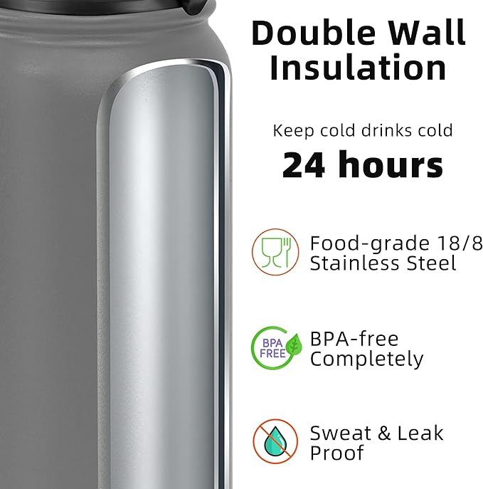 Fanhaw 40 oz Insulated Stainless Steel Water Bottle with Chug Lid, Leakproof & Sweat-Free Extra-Large Metal Bottle for Outdoor, Hiking & Gym (Gray)