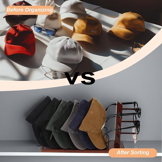 2-In-1 Hat Stand Rack for Baseball Caps Wood Hat Organizer with Eyeglasses Holder Sunglasses Organizer Space-Saving Closet Shelf Organizer for Bedroom Entryway
