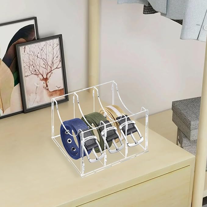 Dezzer Belt Organizer, Acrylic Belt Storage Organizer for Closet and Drawer, Clear Belt Holder Display Case with 3 Compartments for Tie and Bow Tie