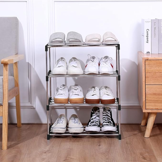 Stackable Small Shoe Rack, Entryway, Hallway and Closet Space Saving Storage and Organization (4-Tier, Black)