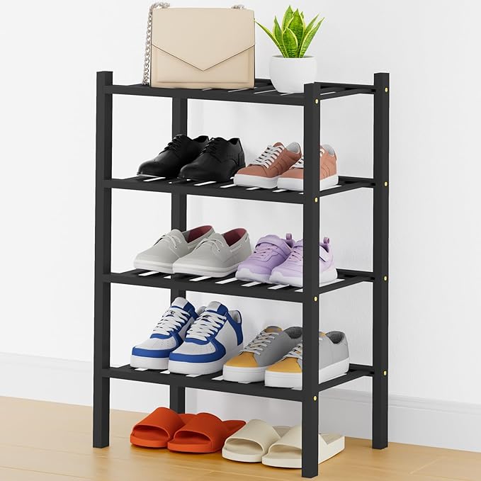 Smiry Shoe Rack, 4 Tier Thick Small Bamboo Shoe Organizer, Stackable Free Standing Wooden Shoe Storage Shelf for Closet, Entryway, Front Door Entrance, Black