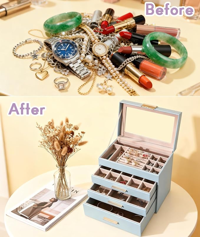 5 Layer Jewelry Box for Women, Glass Lid Jewelry Organizer with 5 Drawers for Necklaces Rings Earrings Bracelets - White (Gray blue)