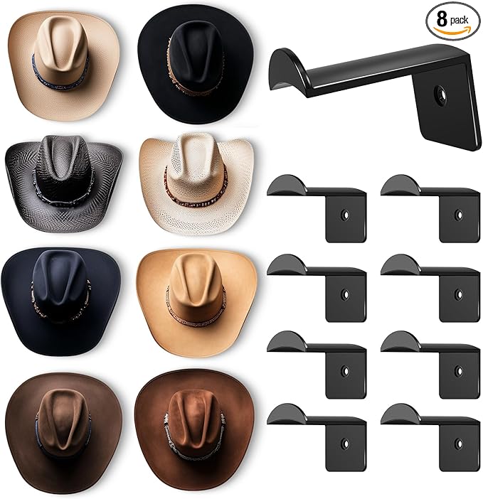 2.8 Inch Hat Hooks for Wall - (8 Pack) Cowboy Hat Rack, Strong Adhesive Cap Holder, Organizer for Baseball Caps, Western Room Decor - Black