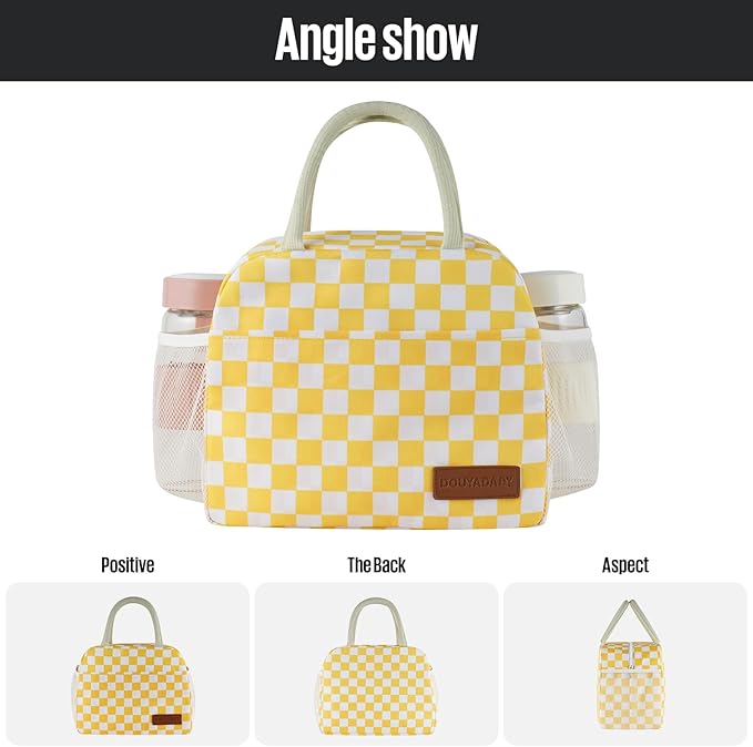 Lunch Bag Women/Men Lunch Box Women/Men (Yellow+White Checkerboard)