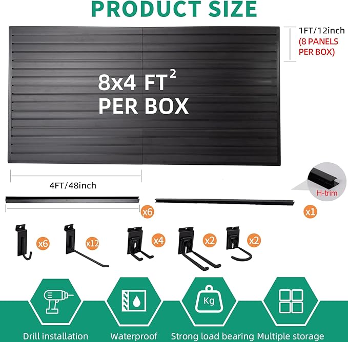 Slatwall Panel Garage Slat Wall Storage Systems with 26 Slatwall Accessories, 4'x8' PVC Black Slat Wall Paneling for Retail Display, Garage Storage, Guitar Shop, Home Storage