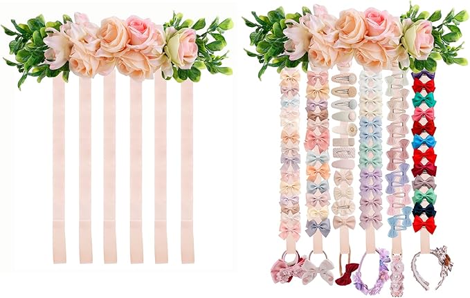 Hair Bows Holder Headband Organizer for Girls,Baby Hair Accessories Organizer Hair Clips Hanger Storage with Hooks, Wall Hanging Decor for Nursery Room (FB-GJ-Pink, JS95*38CM)