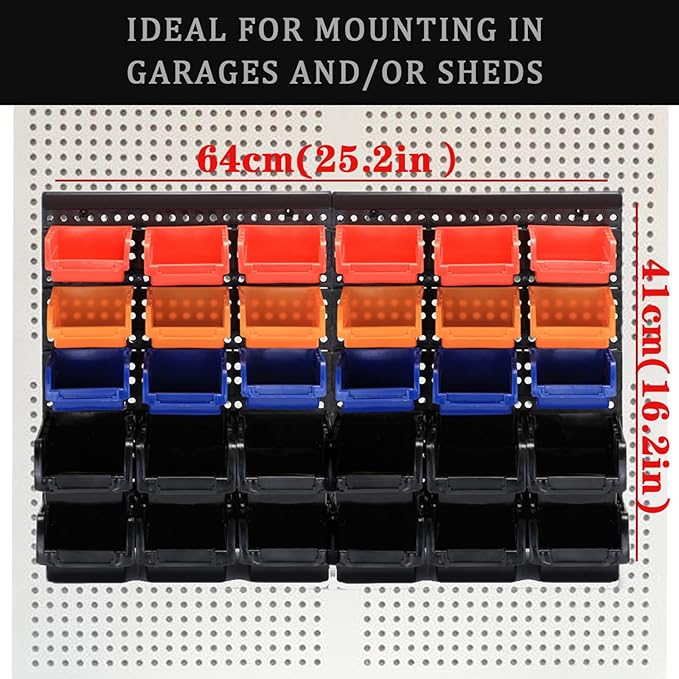 Wall Mounted Storage Bins Parts Rack 4 Colors Bin Organizer Garage Plastic Shop Tool, Garage Organizers and Storage (Style-Classic) 25.2"*16.2"