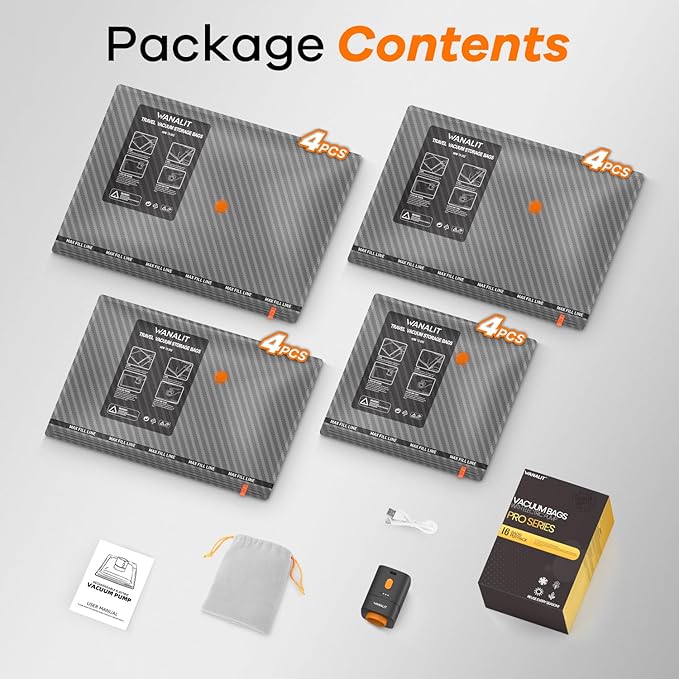Travel Vacuum Storage Bags with Wireless Rechargeable Electric Pump, 16 Pack Travel Essentials Vacuum Seal Bags for Clothing, Space Saver Compression Packing Bags for Luggage, Suitcase, Backpack, Home