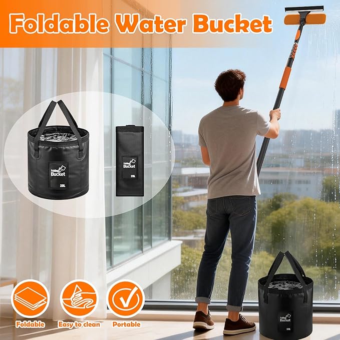 30FT High Reach Duster Cleaning Kit with Extension Pole, High Ceiling Fan Cleaner Duster Tool for Fan Blades, Window Washing Kit with Microfiber Feather Duster & Window Squeegee & Bucket
