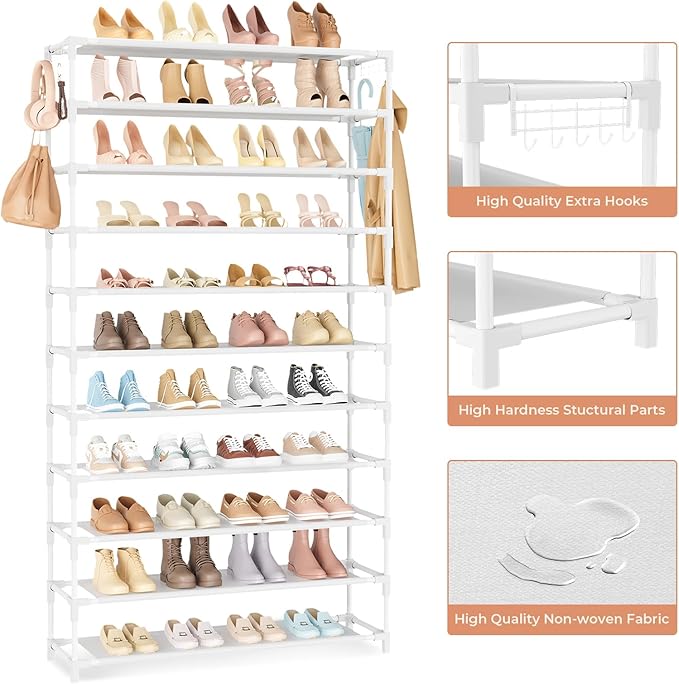 11 Tiers Tall Wide Shoe Rack 55 Pairs Large Capacity Sturdy Durable Shoe Rack for Closet Metal Shoe Organizer Shelf with Two Hooks Space Saving for Entryway White