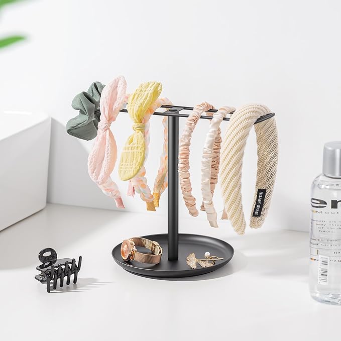 Headband Holder for Hair Accessories: Elegant Organizer with Storage Tray, Perfect for Girls' Vanity, Dresser, or Bathroom, Black