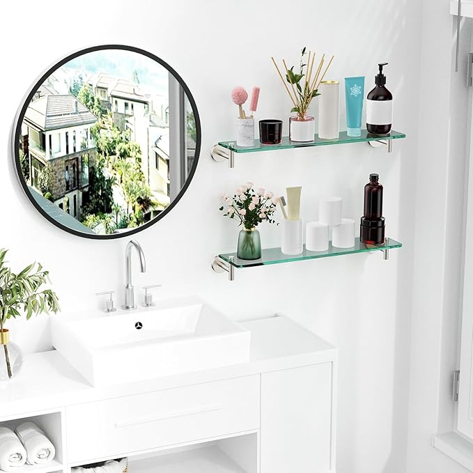 Glass Shelves for Bathroom,16-Inch Brushed Nickel Floating Bathroom Shelf Stainless Steel Tempered Glass Shelf Modern Shelves Wall Mounted