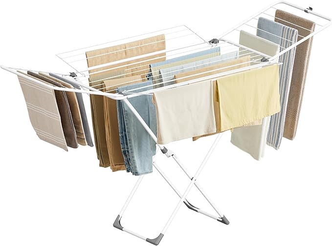 SONGMICS Clothes Drying Rack, Metal Laundry Drying Rack, Foldable, Space-Saving, Free-Standing Airer, with 4 Gullwings, Indoor Outdoor Use, Bed Linen Clothing, White ULLR541W01