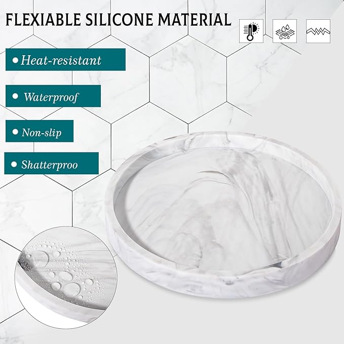 Silicone Bathroom Tray Round Vanity Tray Decorative Soap Holder Kitchen Countertop Organizer Coffee Table Decor for Candle, Perfume, Plant, 9 Inch, Marble Grey