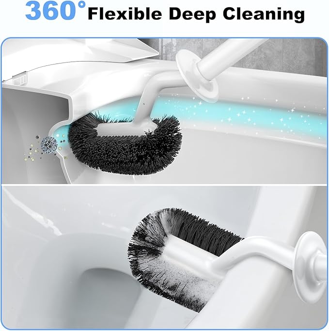 HAMITOR Toilet Bowl Brush Holder Set: Curved Design with Holder for Deep Cleaning Under Rim - Compact Hidden Scrubber for Small Space - Modern RV Bathroom Accessories - White 1 Pack