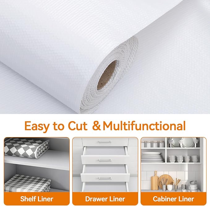 Shelf and Drawer Liner for Kitchen Cabinets Non-Adhesive, Strong Grip Non-Slip Thickened Cabinet Liners for Shelves, Waterproof Mats for Dresser Cupboard, White, 17 in x 20 Feet