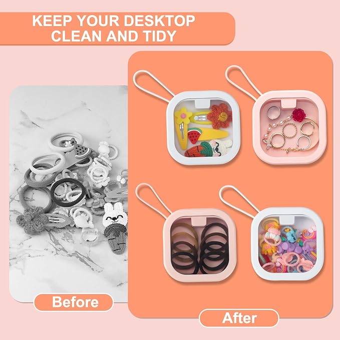 Soleebee 6pcs Portable Hair Tie Organizer Box Qtip Holder, Small Hair Accessory Containers Travel Hair Tie Holder Cotton Swab Dispenser Stackable or Hanging Small Items Storage Box (Pink)