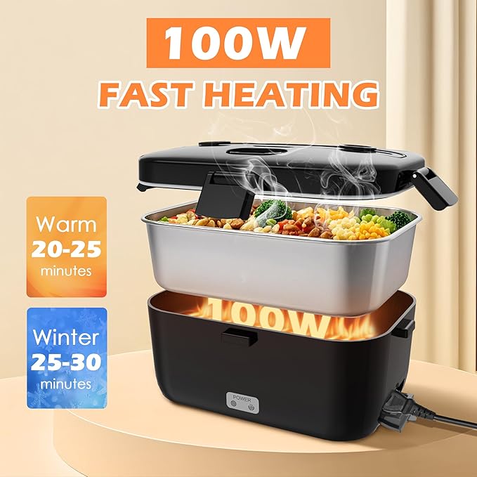 Electric-Lunch-Box-Heated-Food-Warmer 100W Heating Lunchbox for Adults 1.8L Portable Food Heater for Work/Car, 12V/24V/110-230V Lonchera Eléctrica Portátil with Fork Spoon (Black)