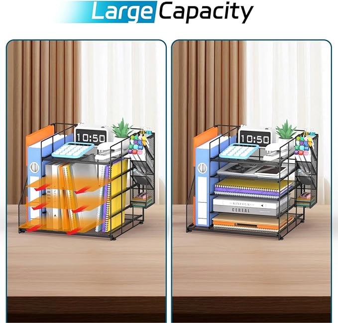 5-Tier Paper Organizer + File Holder + 4 Pen Holders, Desk Organizer Paper Letter Tray for Home, Office and School Supplies, Black