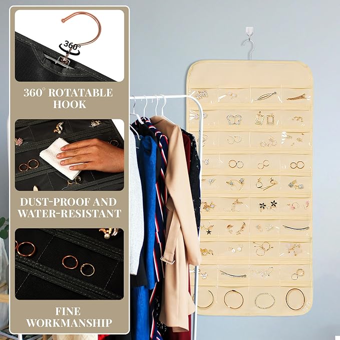 2 Pack Jewelry Hanging Organizer 48 Pocket with Hanger Hook, Double Sided Hanging Wall Jewelry Holder for Closet, Over Door Necklace Earring Storage Roll Bag for Women Ring Bracelet, Black