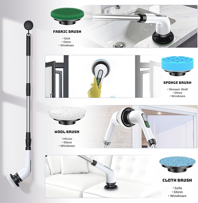 Electric Spin Scrubber, Powerful 2-Speed Cleaning Brush, IPX7 Waterproof with 7 Reusable Brush Heads & Extendable Handle, for Bathroom Toilet Shower Kitchen Wall Tile Floor Grout (White)