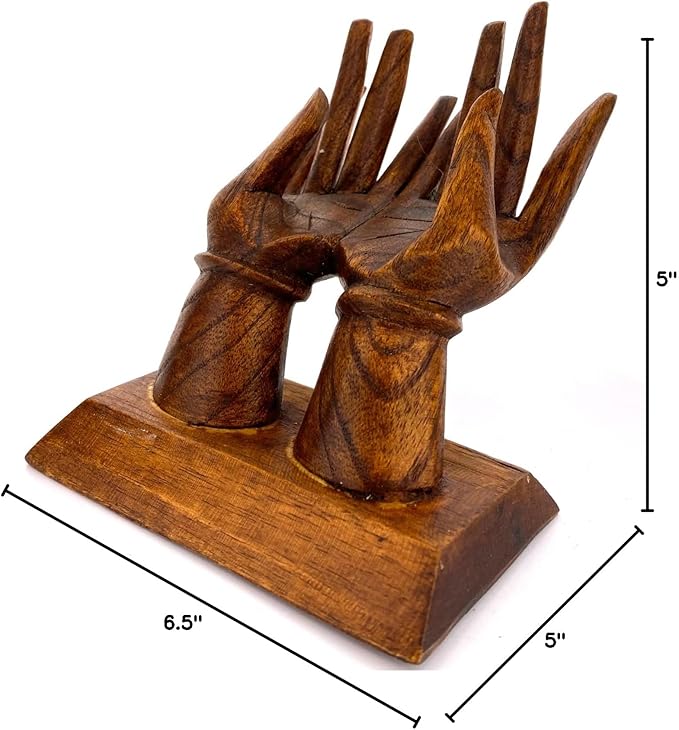 Hands Eyeglass Ring Holder - Hand Carved Wooden Card Ring Trinket Holder Figure Decor 6.5" Brown Classic Wooden Jewelry Stand