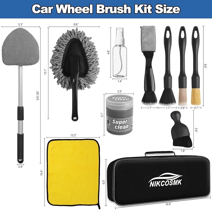 NIKCOSMK Windshield Cleaner Tool, 14Pcs Car Cleaning Kit - Car Interior Detailing Kit with Extendable Handle, Cleaning Gel & Microfiber Pads, All-in-One Inside Car Cleaning Supplies for Women Men