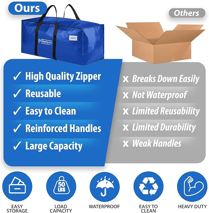 ClearSpace Heavy Duty Moving Bags or Storage Bag – Large Moving Boxes with Backpack Straps, Zippers & Handles – Perfect for Moving, College Dorm, Traveling, Camping, Christmas Decorations, 8 Pack
