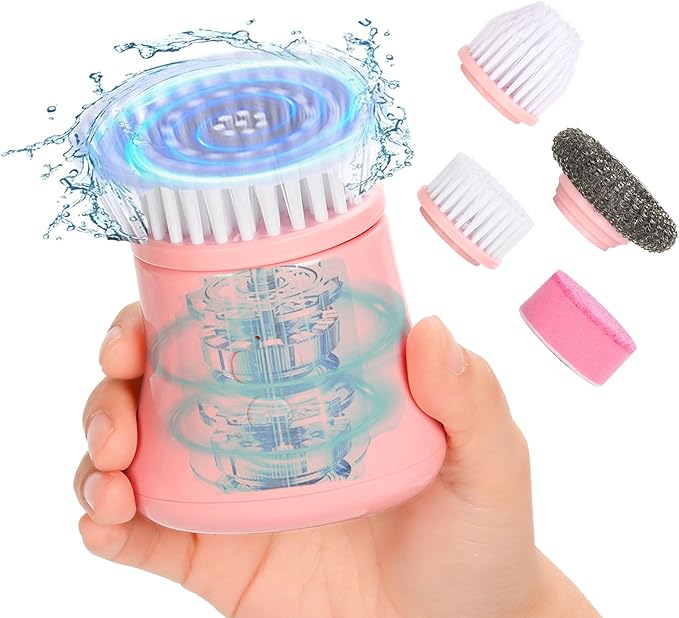 Electric Dish Washing Brush, Small Handheld Power Scrubber, Pink Cordless Cleaning Brushes kit, Gift for Woman, for Kitchen cleanup, Dishes/Plates/Sink, IP66 Waterproof Household Cleaning Supplies