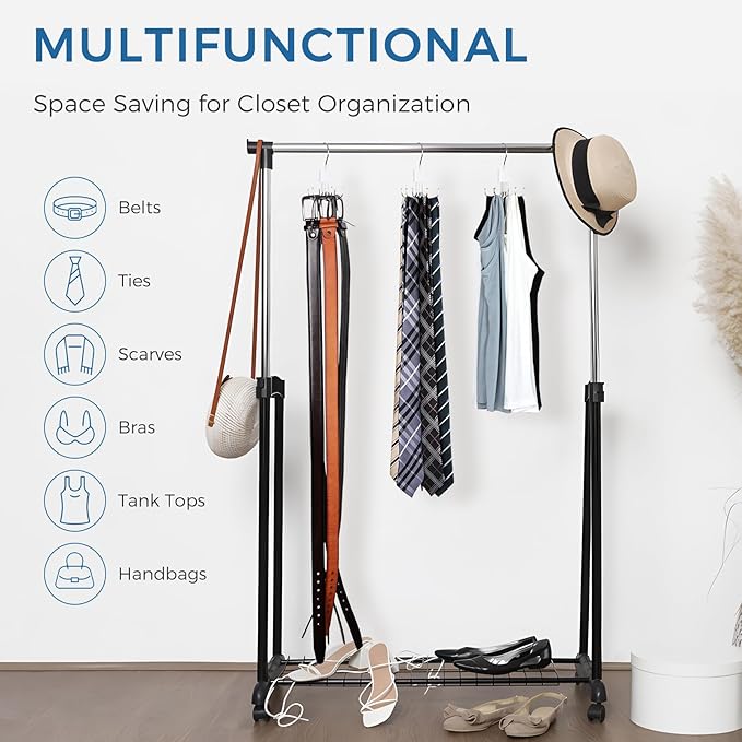 Tie Rack Hanger, Belt Hanger Organizer for Closet 360° Rotatable Max 24 Ties/24 Belts Storage Space Saving Closet Organizers and Storage for Belt, Bra, Tank Top, Tie, Scarf, Purse 2Pcs White