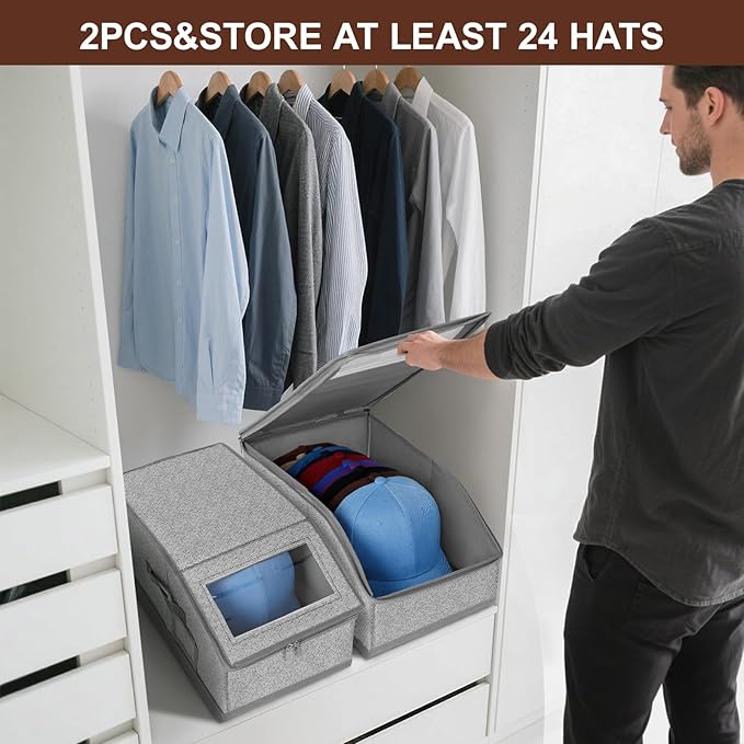 ‌Portable Hat Storage Box Organizer | Large Capacity Foldable Cap Holder with Clear Window | Space-Saving Closet Accessory for Baseball Caps, Beanies & Sun Hats‌ (4 Pack)