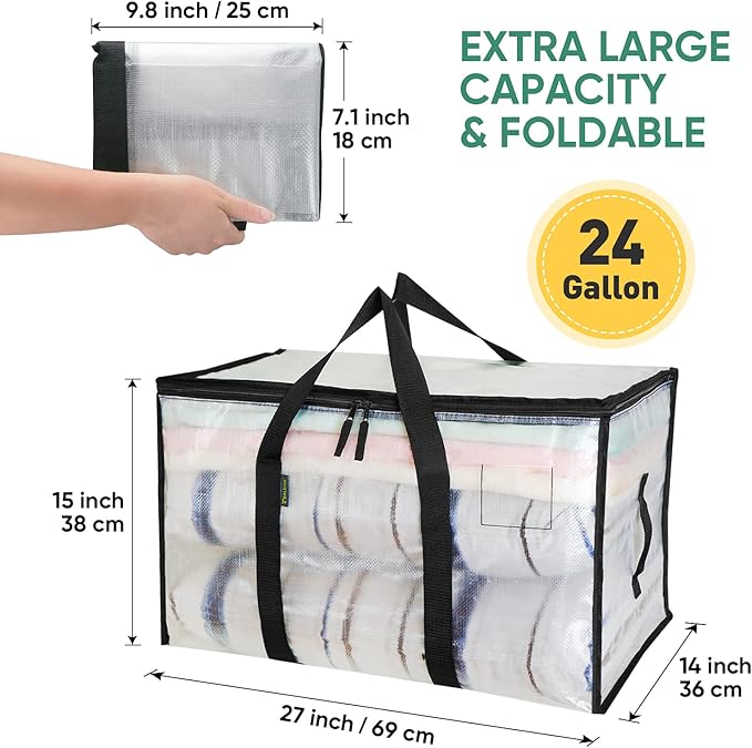 BALEINE 12-Pack Oversized Moving Bags with Reinforced Handles, Heavy-Duty Storage Tote for Clothes, Moving Supplies (Clear, 12-Pack)