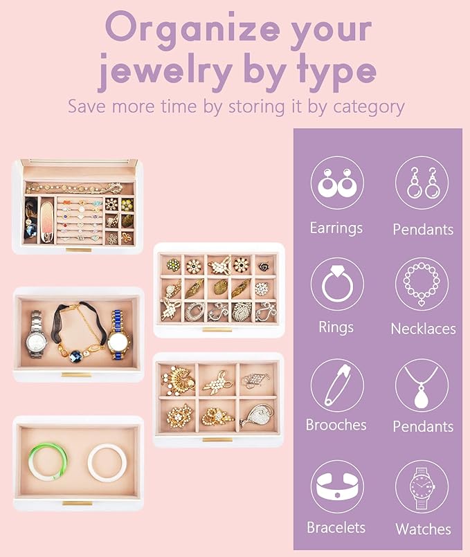 5 Layer Jewelry Box for Women, Glass Lid Jewelry Organizer with 5 Drawers for Necklaces Rings Earrings Bracelets - White (Pearl White)
