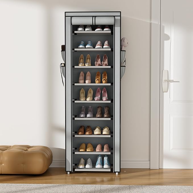 Shoe Rack with Cover Narrow Shoe Rack Organizer with 4 Side Pockets 10 Tier Tall Shoe Storage Shoe Shelf Holds 18-22 Pairs Shoes and Boots Shoe Rack for Closet, Grey