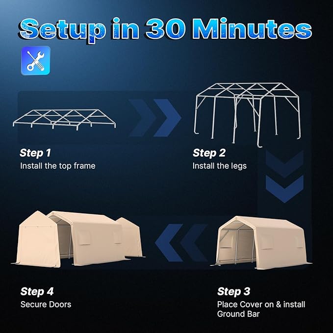 ADVANCE OUTDOOR 10x15 ft Shelter Storage Shed Steel Metal Peak Roof Portable Garage Carports for Motorcycle, Boat or Garden Tools with 2 Roll up Doors & Vents, Beige