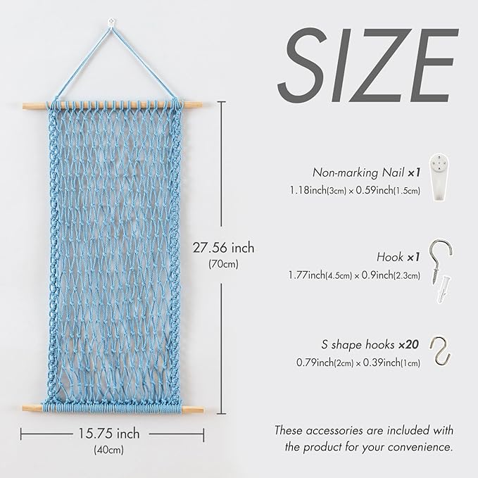 Pretty Jolly Hanging Jewelry Mesh Organizer Macrame Wall Mounted Necklaces Storage Earring Display Rack Girls Hair Clips Hanger with 20 Pieces S Shape Hooks for Bracelets,Necklace and Rings(Blue)