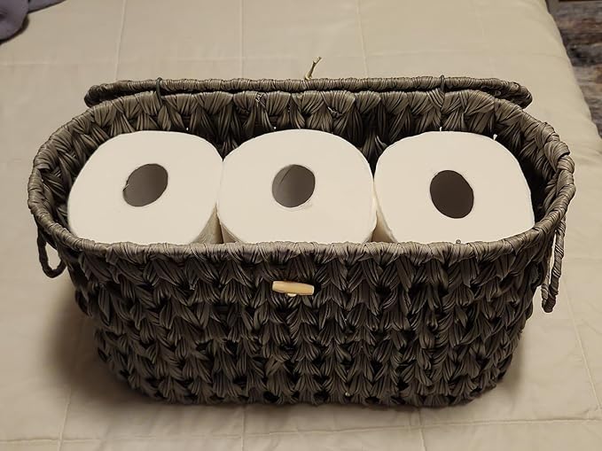 Toilet Paper Storage Basket with Lid,Wicker Toilet Paper Holder Stand,Narrow Decorative Woven Bathroom Basket Organizer,Free Standing Grey